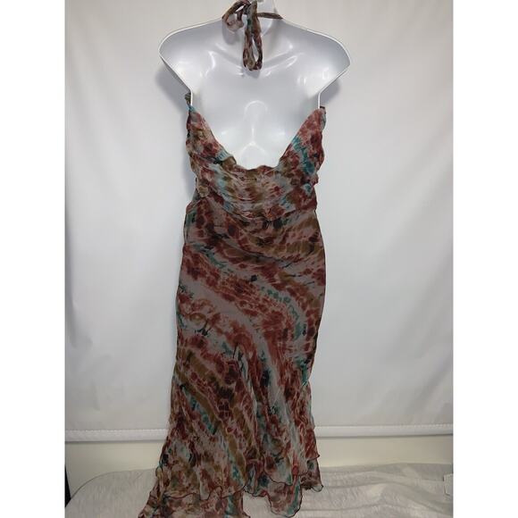 Papillon Y2K Purple Floral Mesh Halter Smock Dress Chiffon Ruffle Size Medium - Picture 3 of 8